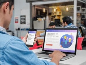a person checking a website on a mobile and laptop