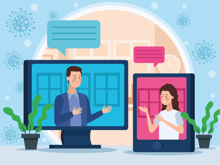 two person greeting between eachother, one is on a computer and the other on a tablet