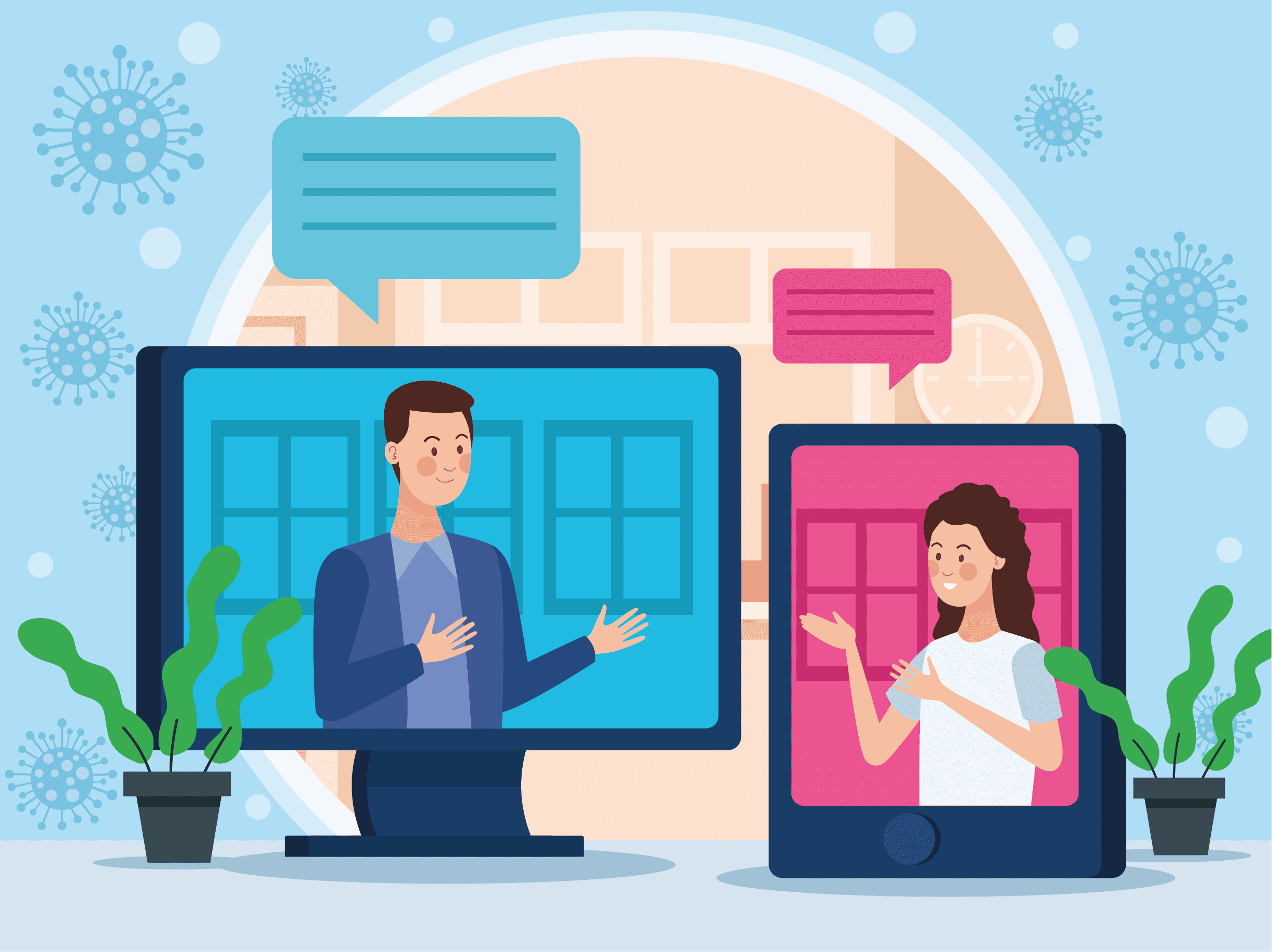 two person greeting between eachother, one is on a computer and the other on a tablet