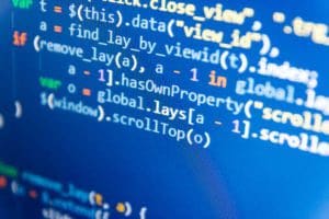 Close-up of programming code on a computer screen highlighting JavaScript code