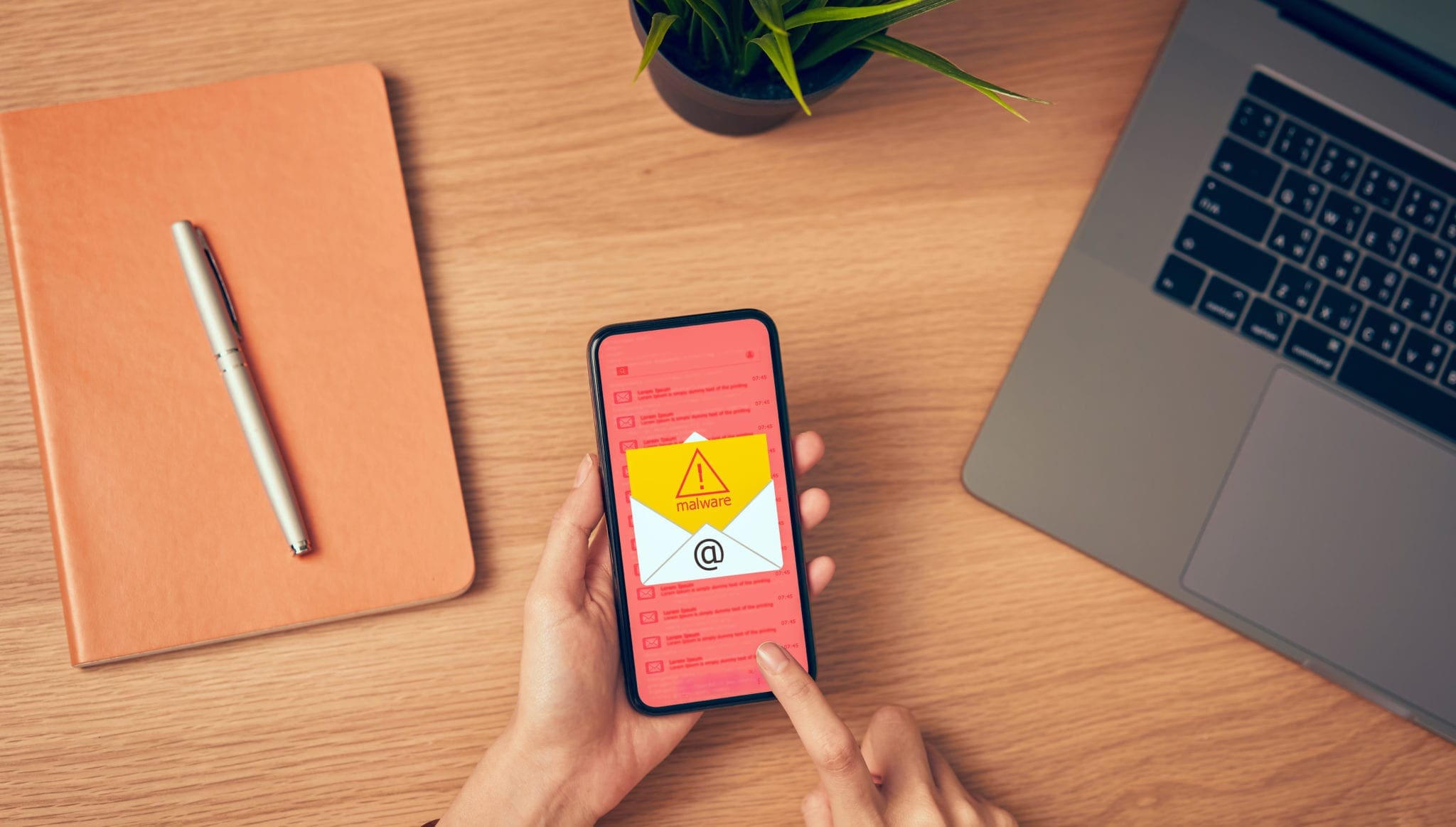 Person checking smartphone showing a malware warning in an email inbox