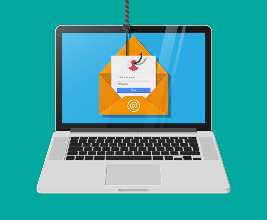 Illustration of phishing email targeting user login details on a laptop
