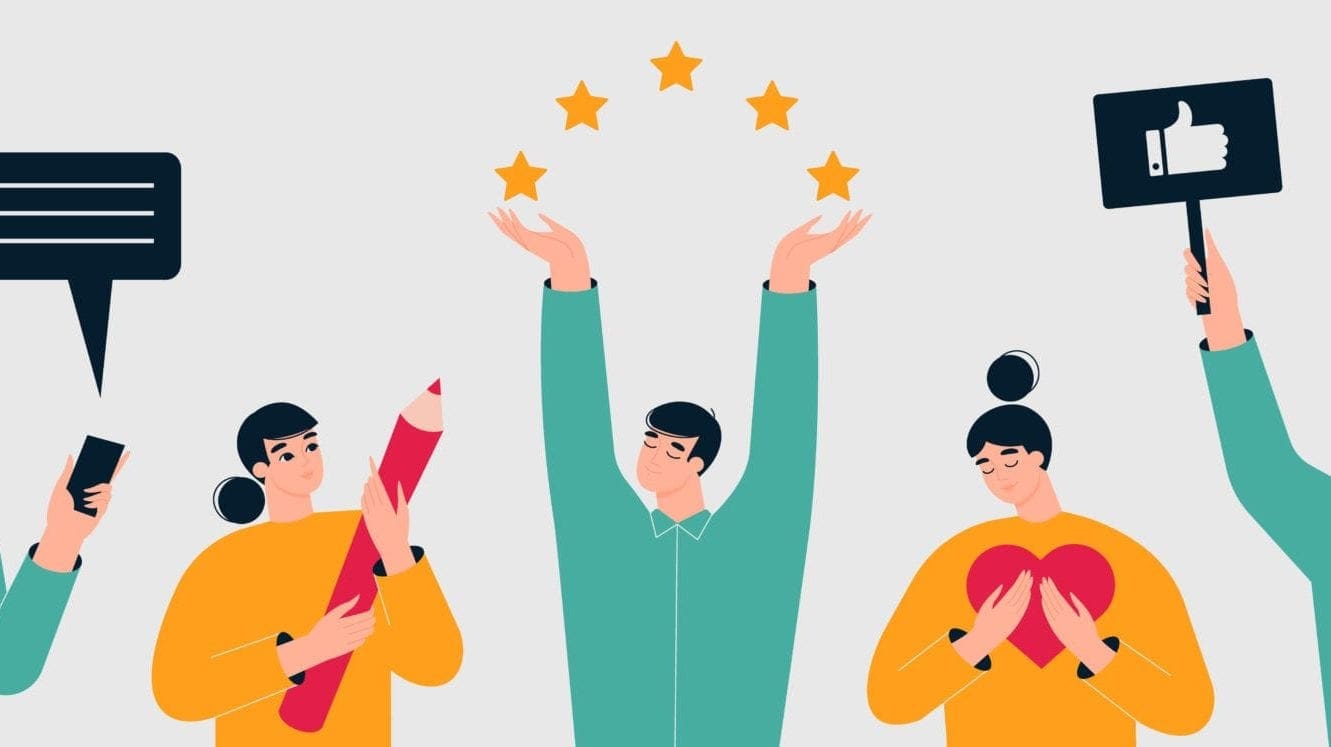 Illustrated characters showing positive feedback, five-star reviews, and testimonial elements