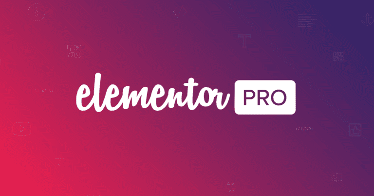 Elementor Pro logo on a pink-to-purple gradient background.
