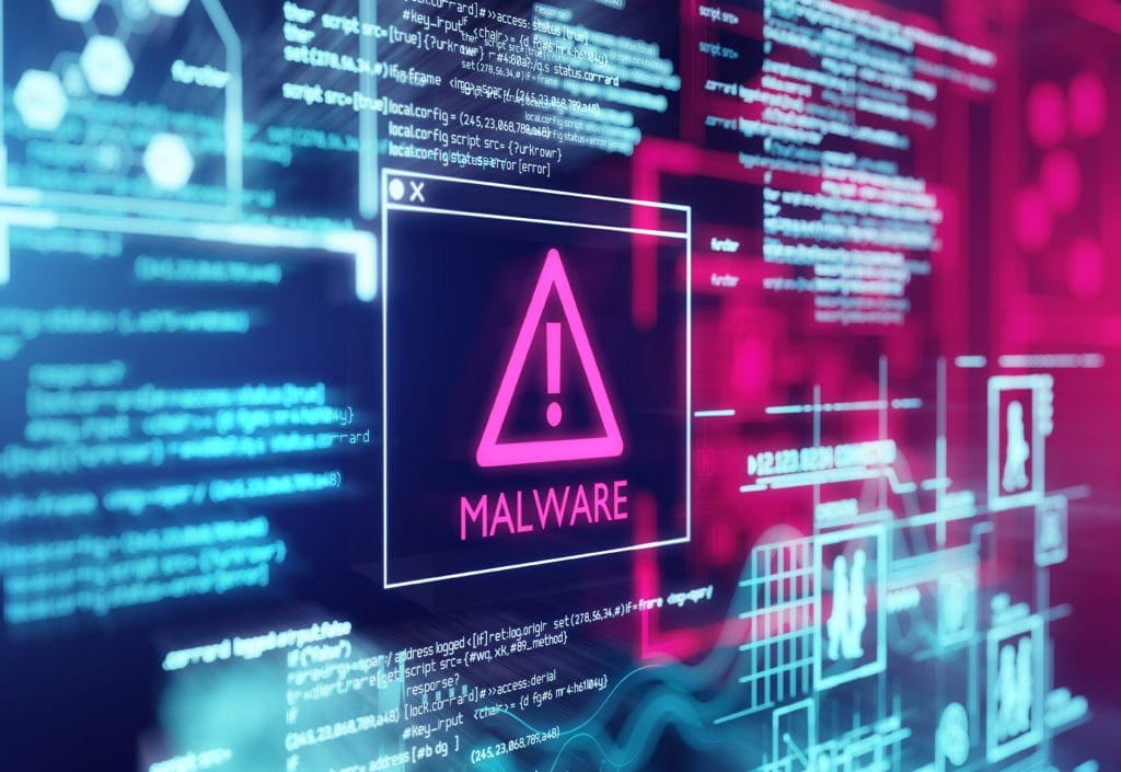 Digital screen showing a malware warning alert with code in the background