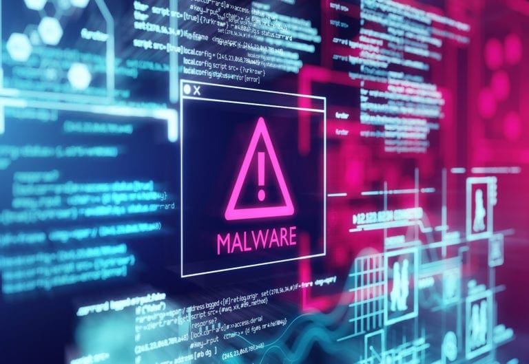 Digital screen showing a malware warning alert with code in the background