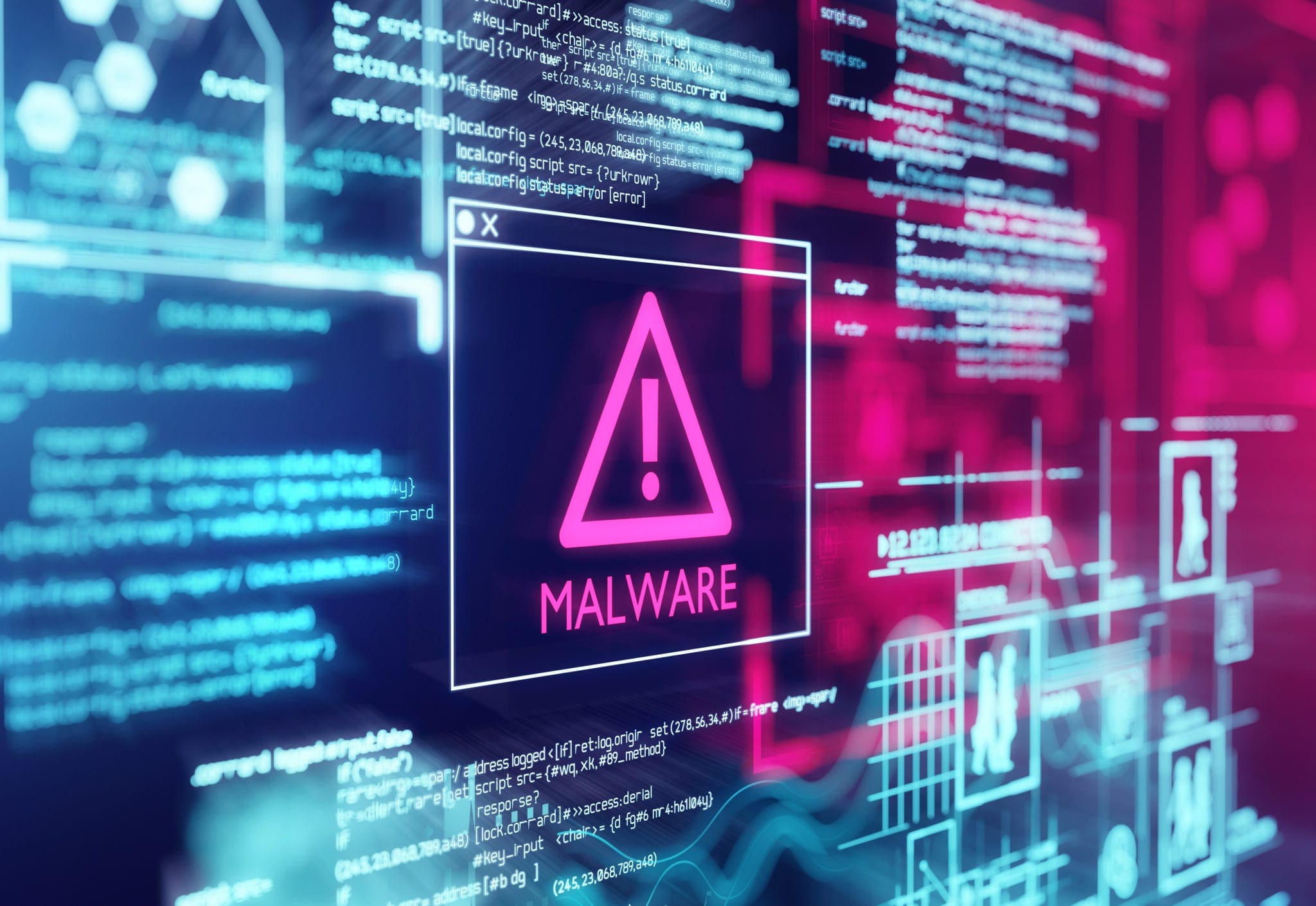 Digital screen showing a malware warning alert with code in the background