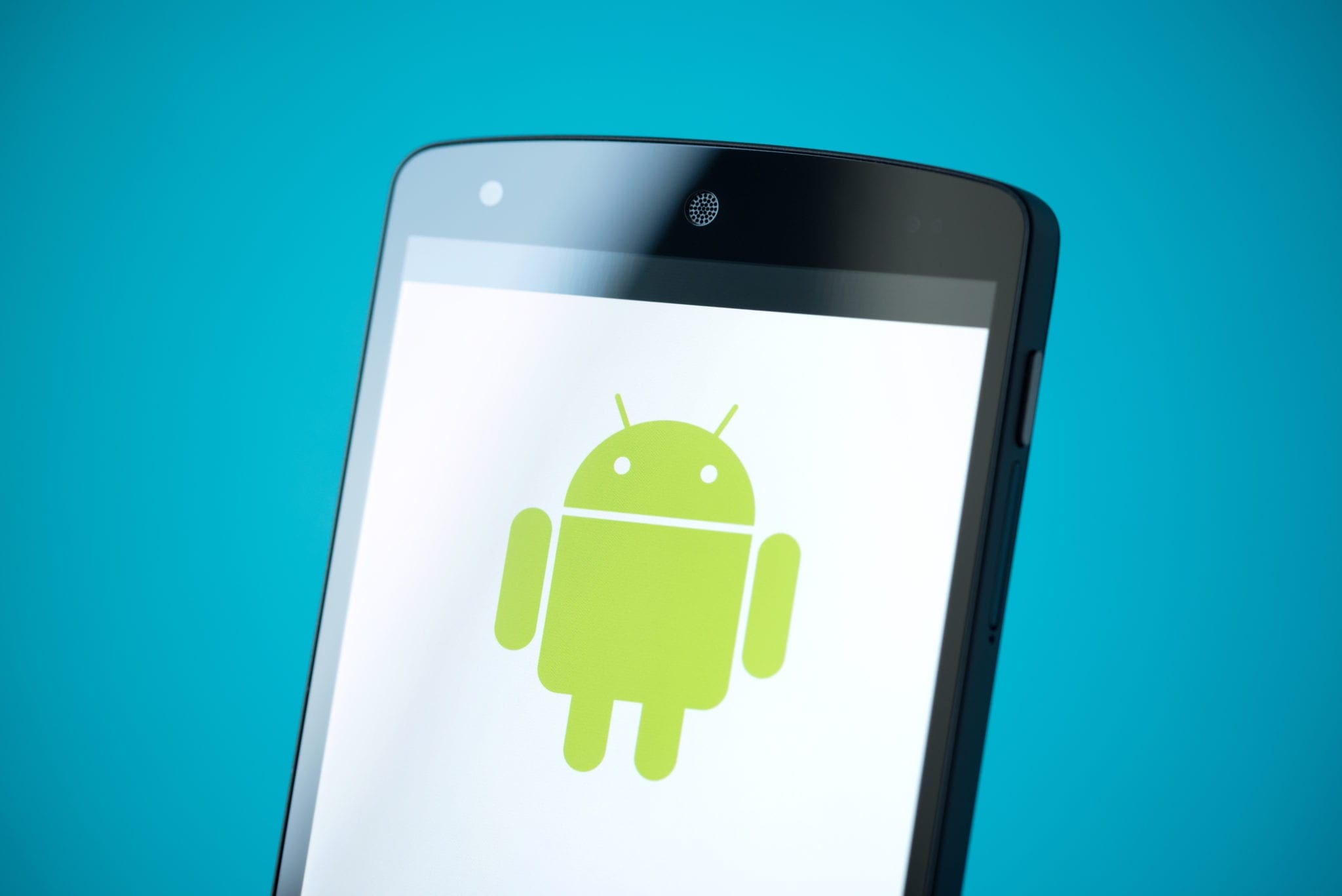 Android phone displaying the green Android robot logo on a white screen