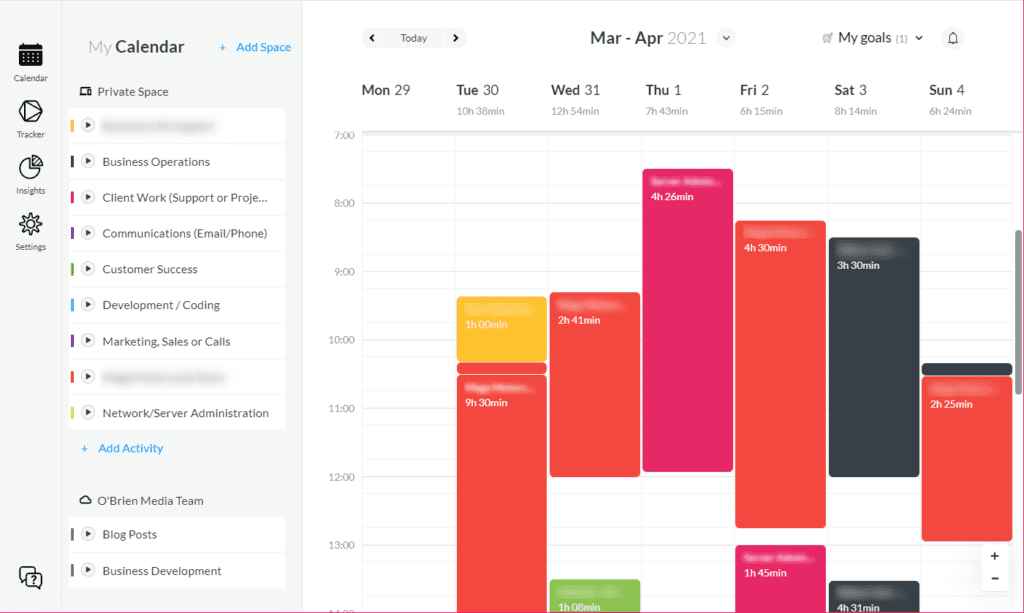 Screenshot of Timeular time tracking calendar showing task breakdown