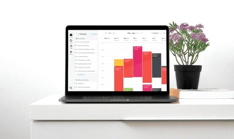 Laptop showing Timeular calendar next to a plant on a desk