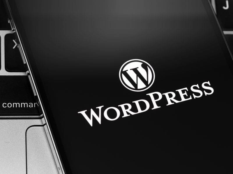 WordPress app logo on the screen smartphone closeup. WordPress