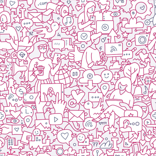 Illustrated pattern showing people and icons related to social media sharing, communication, and online engagement.