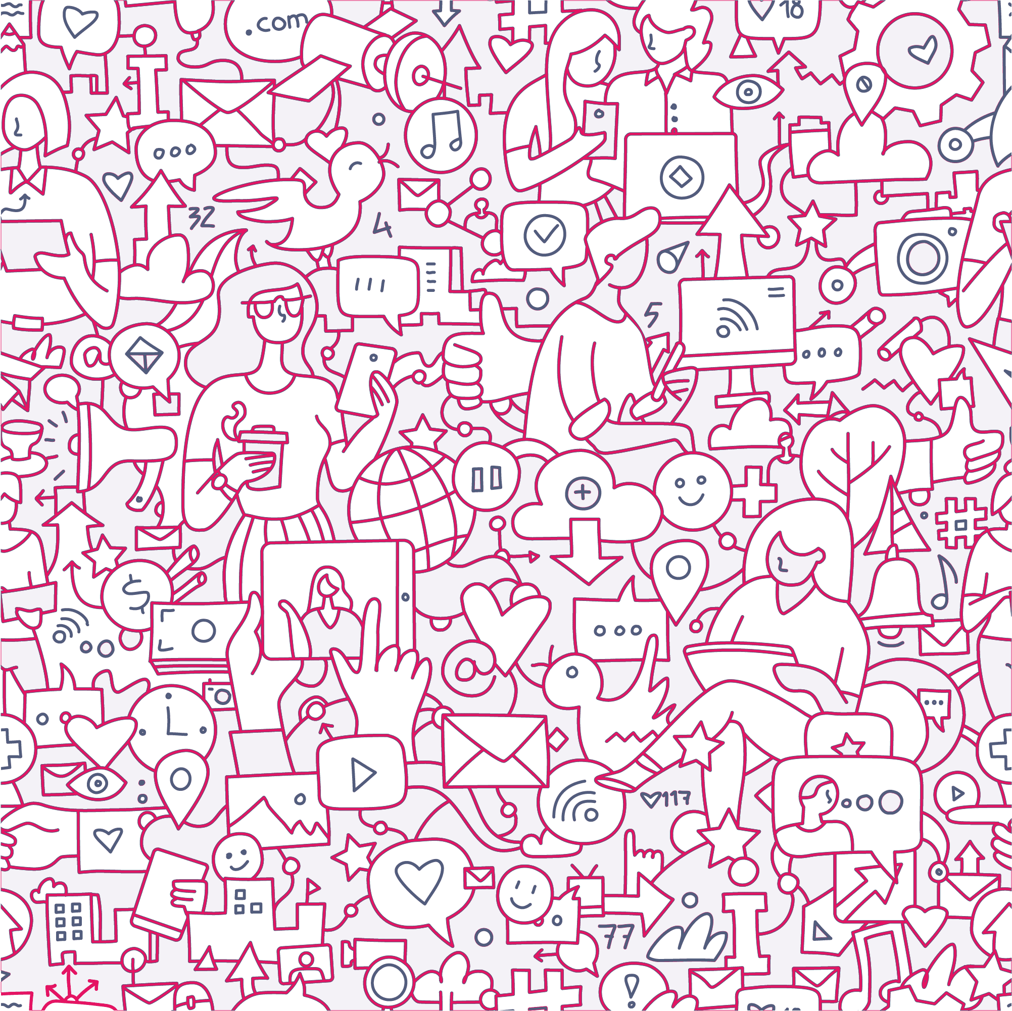 Illustrated pattern showing people and icons related to social media sharing, communication, and online engagement.
