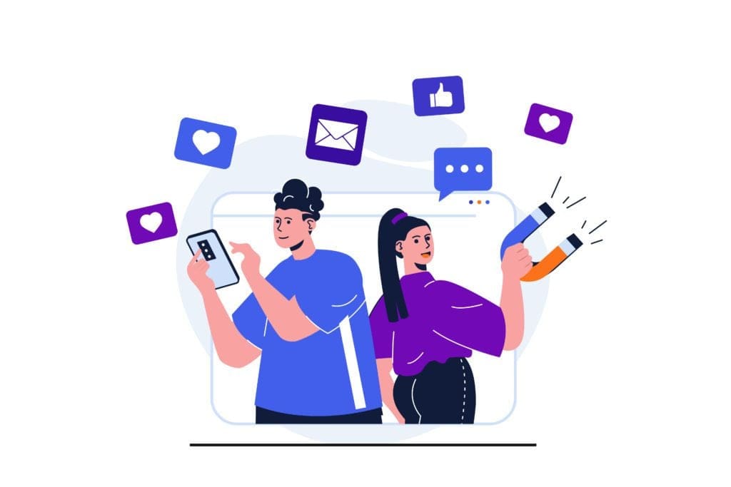 Illustration of social media marketing experts managing engagement with likes, messages, and followers. Man makes advertising posts in mobile app, woman with magnet attracts new customers. Illustration with isolated people scene
