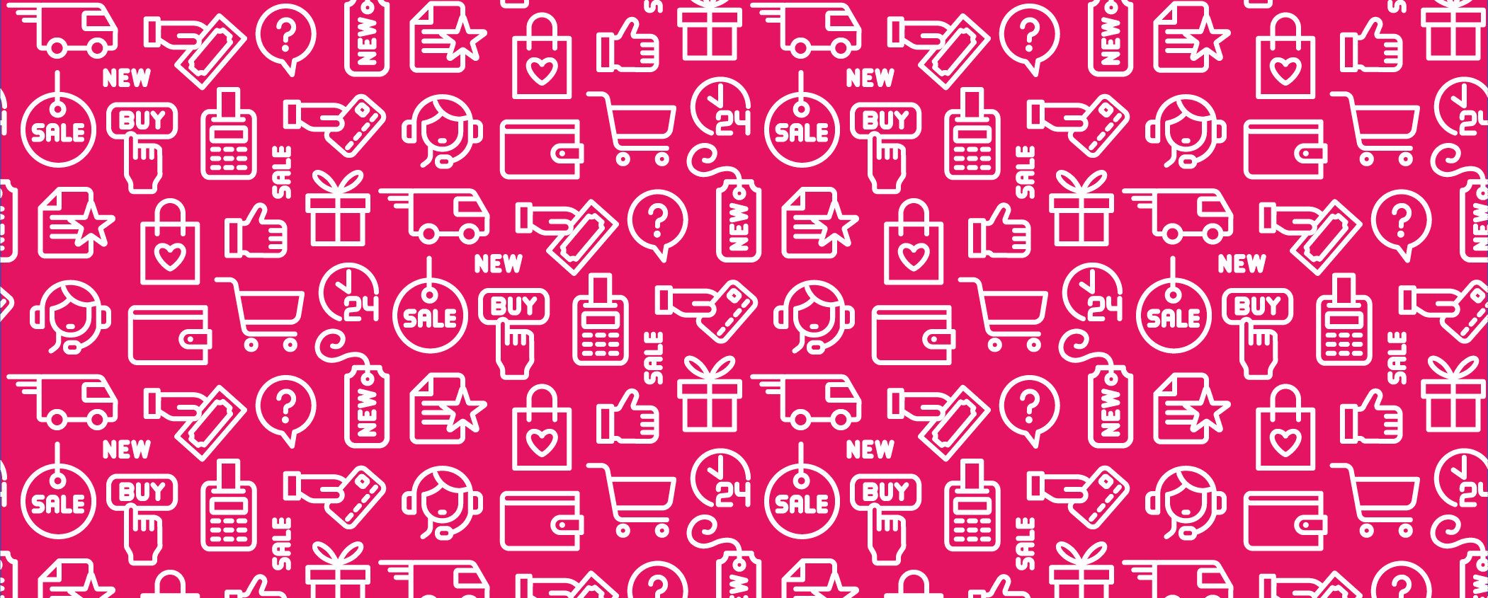 Repeating white ecommerce and marketing icons on a bright pink background, symbolising the digital customer journey.
