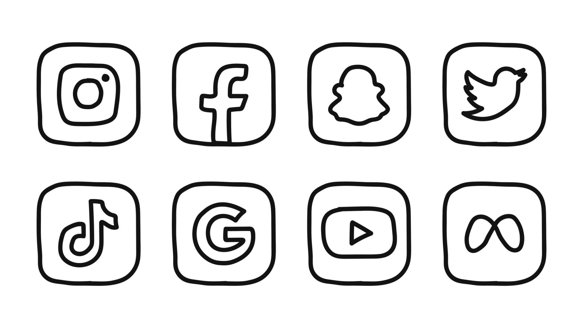 Set of hand-drawn social media icons including Facebook, Instagram, TikTok, YouTube, and more.
