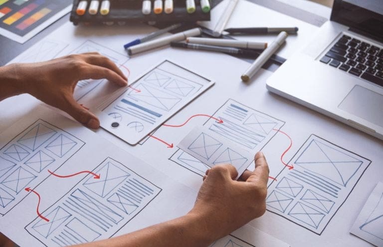 Hands designing a website wireframe layout during professional website development