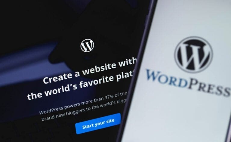 WordPress website builder interface on mobile and desktop screens