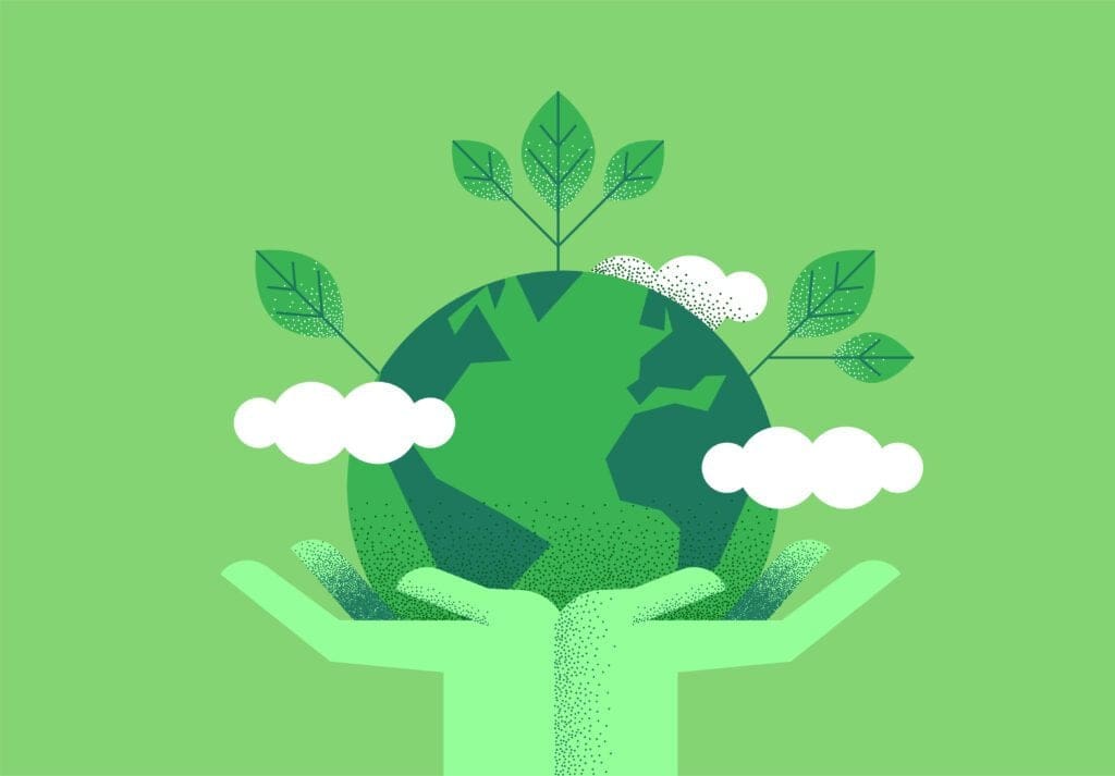 Illustrated Earth in green tones with leaves and hands symbolising environmental sustainability