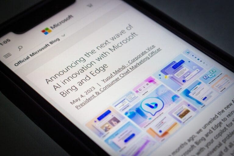 Mobile screen showing Microsoft blog post announcing AI updates to Bing and Edge
