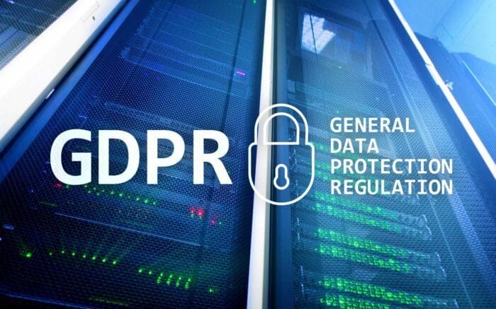 GDPR compliance graphic with server racks and data security icon