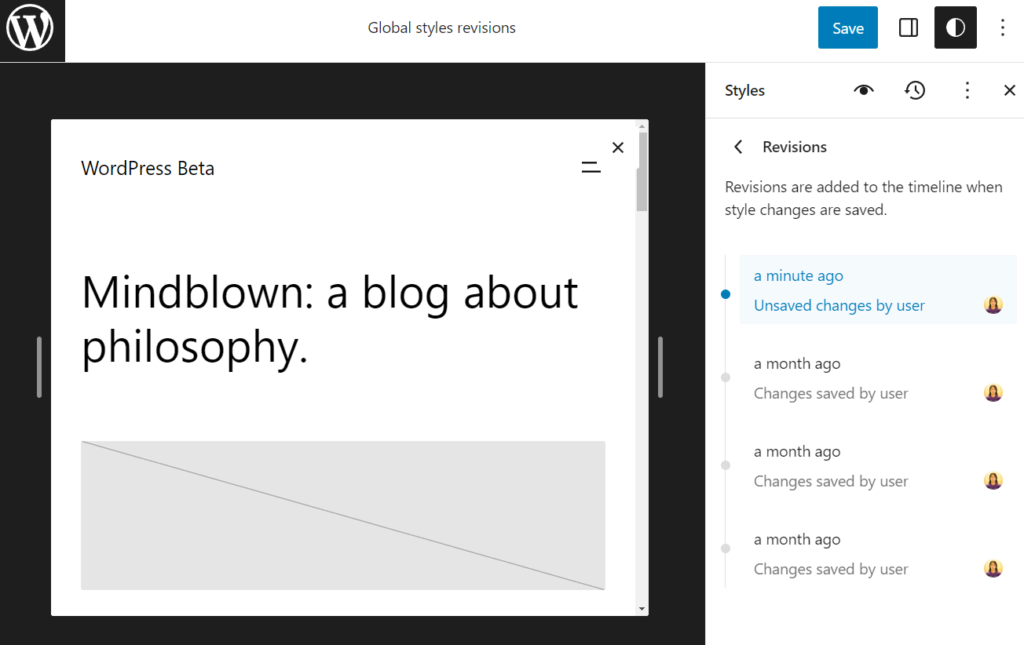 WordPress 6.3 Beta interface showing revisions in the global styles editor with unsaved changes.