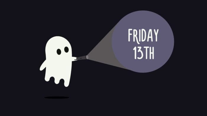 A cute animated ghost shining a flashlight on the words "Friday the 13th," symbolising the intersection of superstitions and web technology.