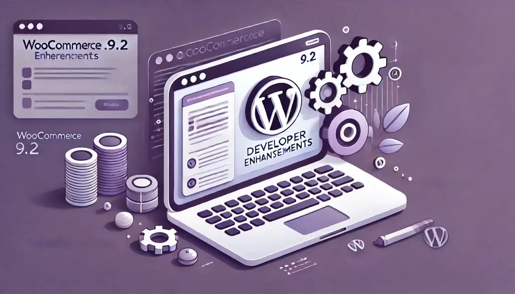 WooCommerce logo with developer-themed visual elements such as code, settings, and dashboards