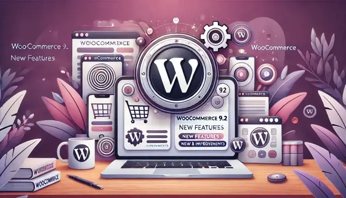 WooCommerce logo with icons representing new features, shopping carts, and user experience improvements