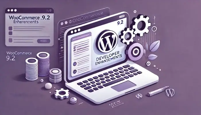 WooCommerce logo with developer-themed visual elements such as code, settings, and dashboards