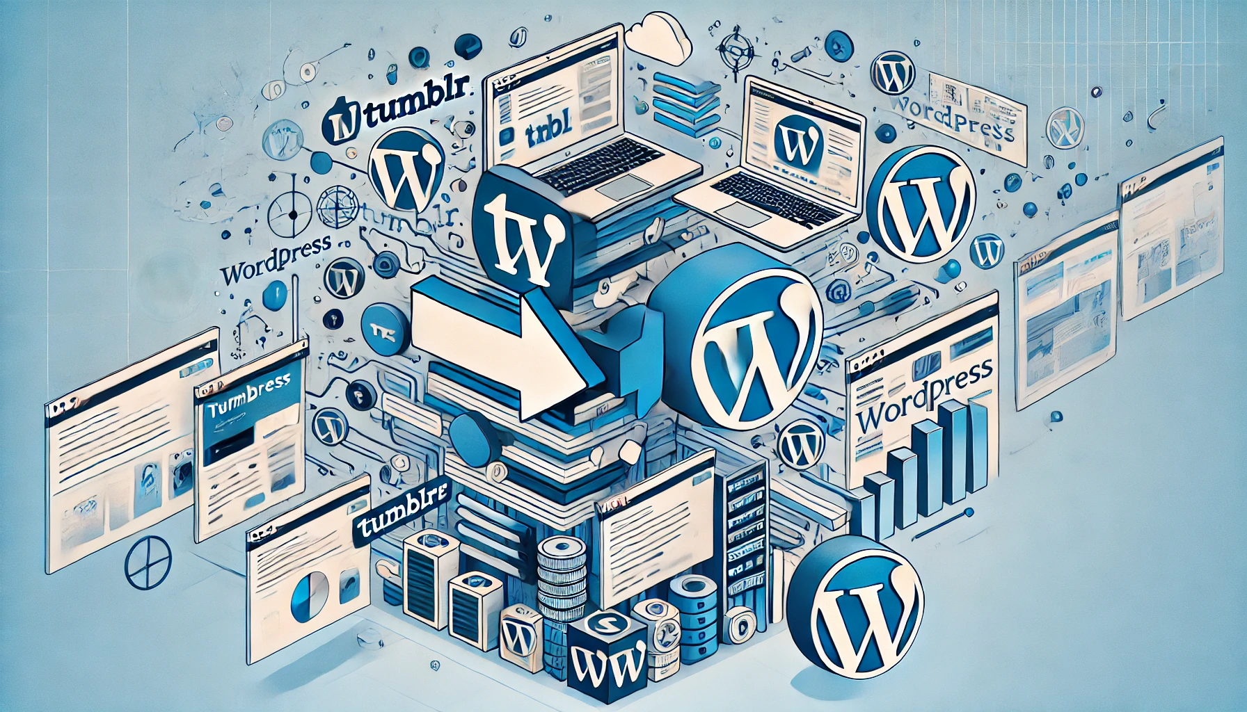 Illustration showing the process of migrating a Tumblr website to WordPress, highlighting the benefits of the migration.