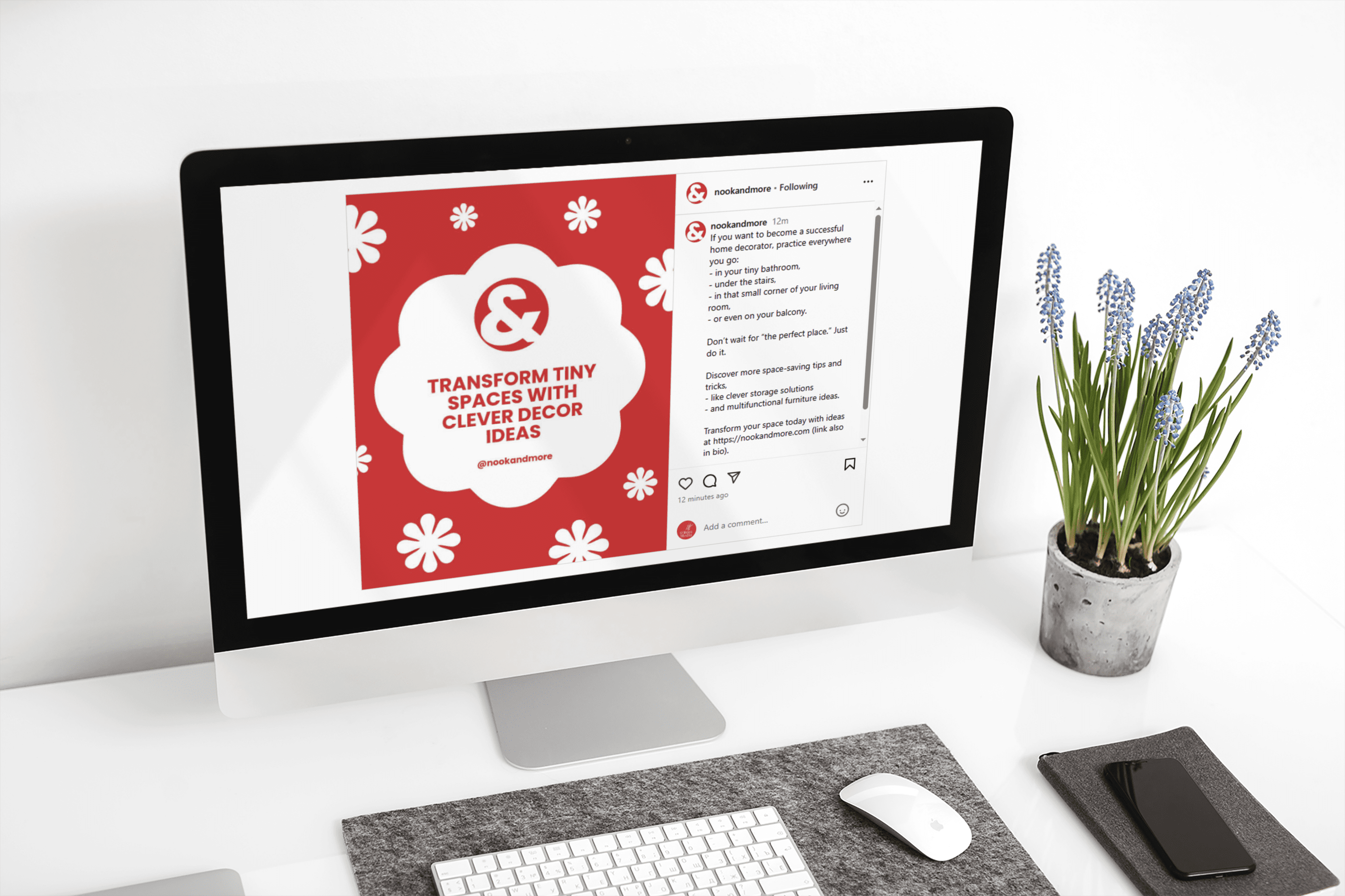 iMac on a desk against a white wall displaying analytics or digital tools