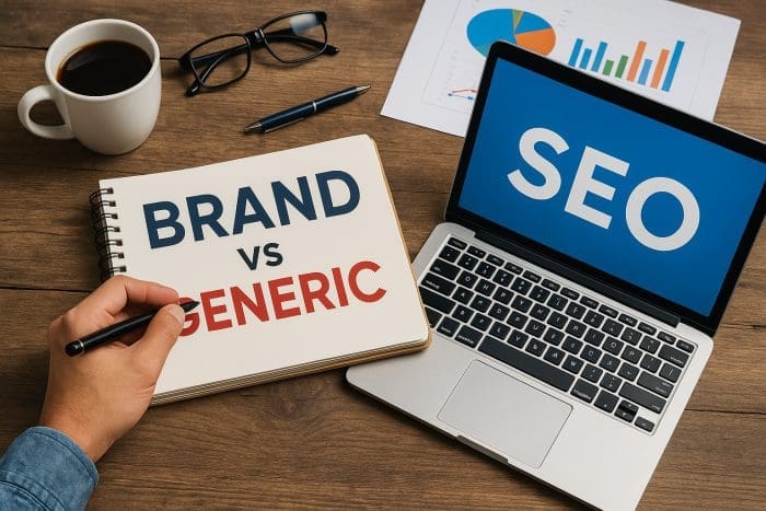 Photorealistic workspace showing a notebook with “Brand vs Generic,” a laptop displaying “SEO,” and marketing materials — representing the importance of brand identity over keyword domains.