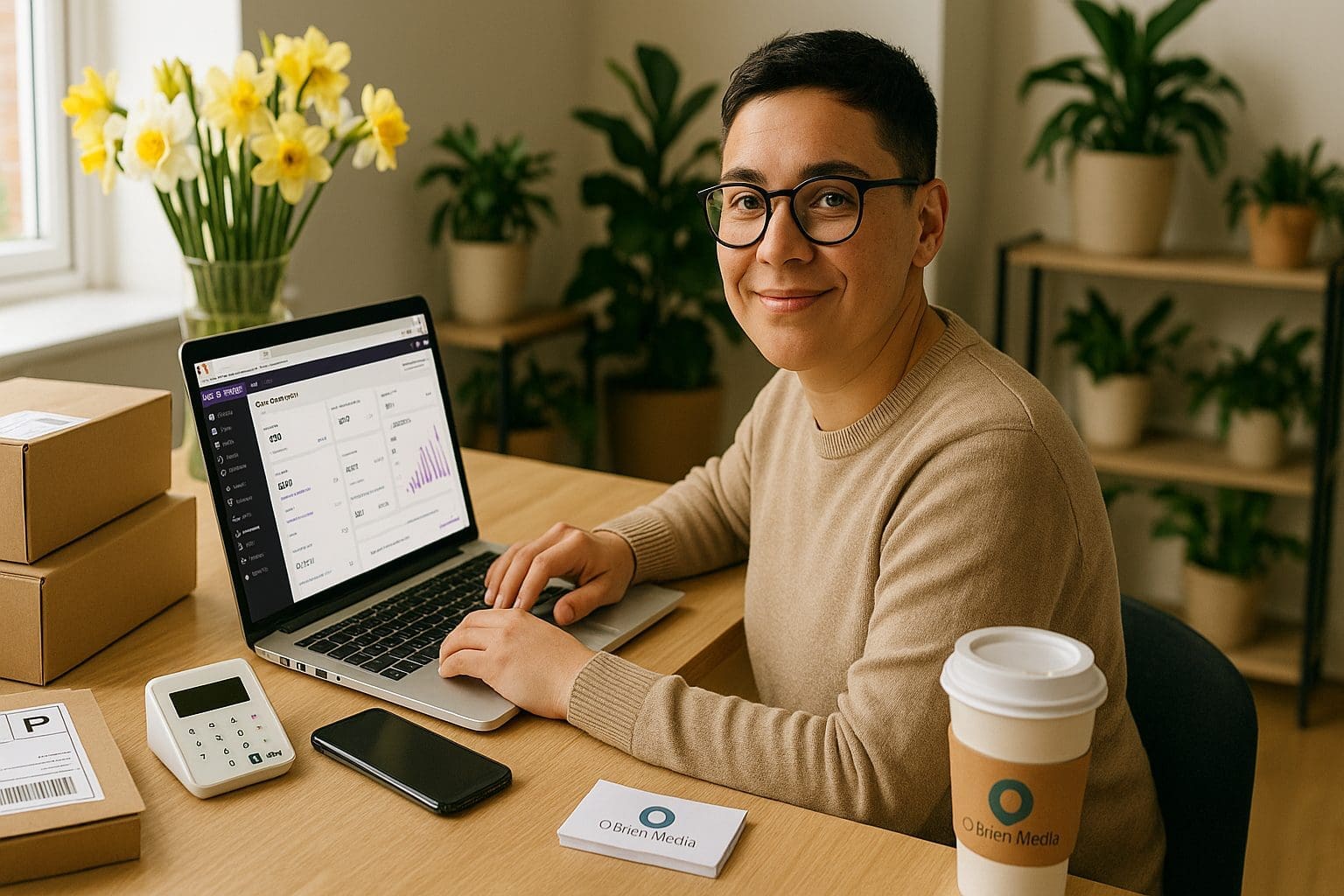 Photorealistic scene showing a small business owner (gender neutral, early 30s, friendly and approachable) in a bright, modern workspace in the UK. They are using a laptop with the WooCommerce dashboard open on the screen, and a SumUp card reader and smartphone next to the laptop.