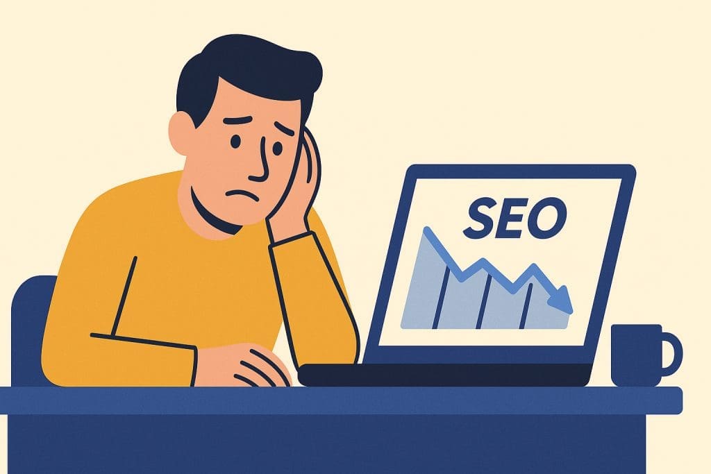 Illustrated image of a man upset at seeing his SEO decline