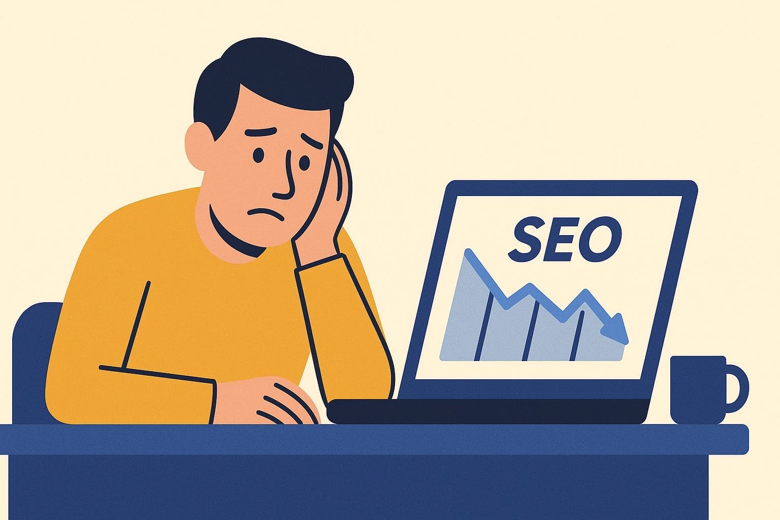 Illustrated image of a man upset at seeing his SEO decline