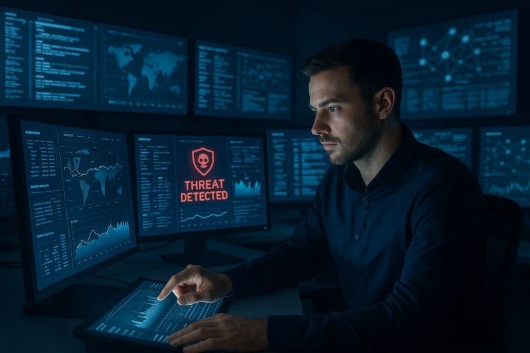 A cybersecurity analyst in a modern, high-tech operations centre, surrounded by multiple glowing monitors displaying data, threat alerts, and security graphs. The room is dimly lit with a cool blue hue. The analyst looks focused, possibly interacting with a touchscreen interface. The mood is serious and professional, conveying vigilance against digital threats and bot attacks.