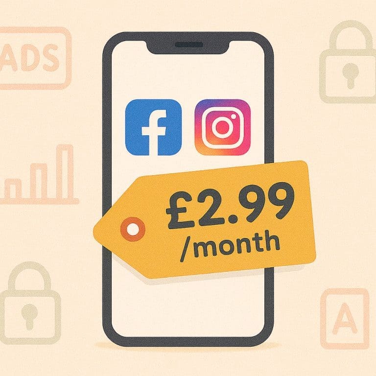 A mobile phone showing the Facebook and Instagram apps with a price tag overlay reading £2.99/month. Background includes abstract icons of ads, privacy locks,