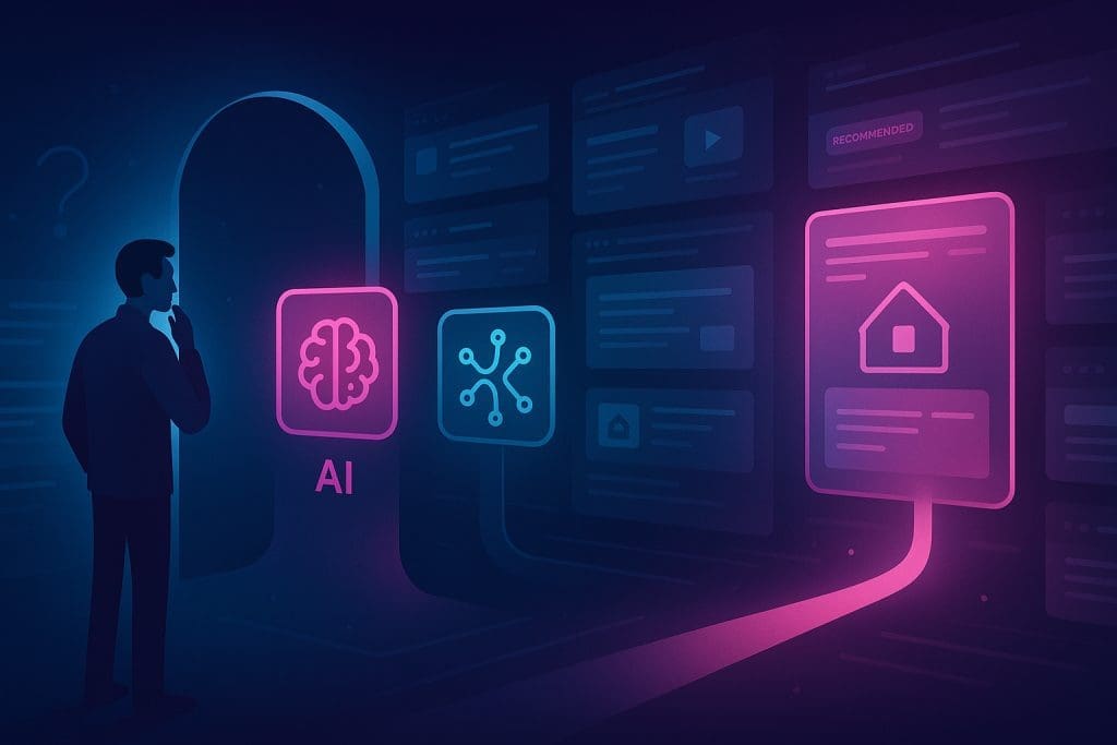 A sleek, futuristic illustration showing AI assistants acting as virtual gatekeepers of the web. In the foreground, stylised AI icons like a glowing brain or abstract neural network stand at a digital gateway. Behind them, multiple websites and businesses are represented as glowing panels or cards, some highlighted as 'recommended'. A human figure stands on one side asking a question, while on the other side, a single bright pathway leads to a selected business, symbolising the AI’s recommendation.