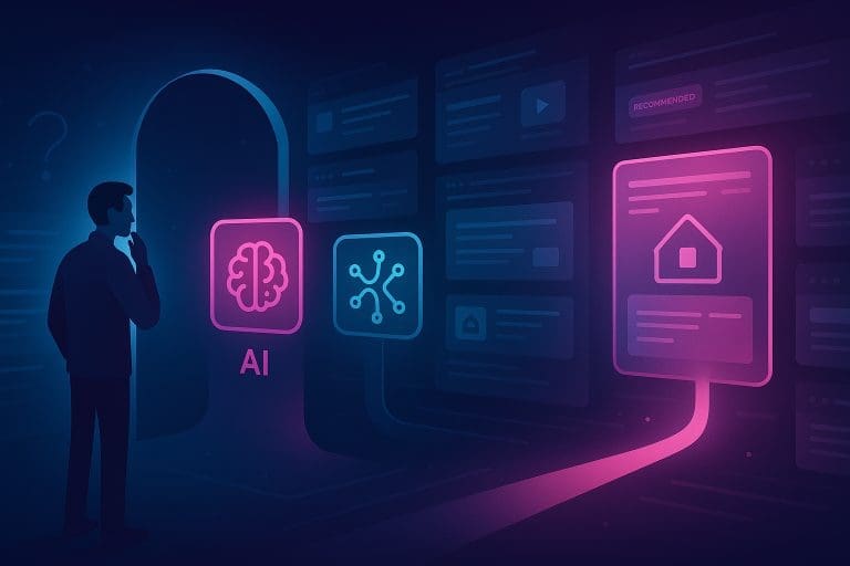 A sleek, futuristic illustration showing AI assistants acting as virtual gatekeepers of the web. In the foreground, stylised AI icons like a glowing brain or abstract neural network stand at a digital gateway. Behind them, multiple websites and businesses are represented as glowing panels or cards, some highlighted as 'recommended'. A human figure stands on one side asking a question, while on the other side, a single bright pathway leads to a selected business, symbolising the AI’s recommendation.