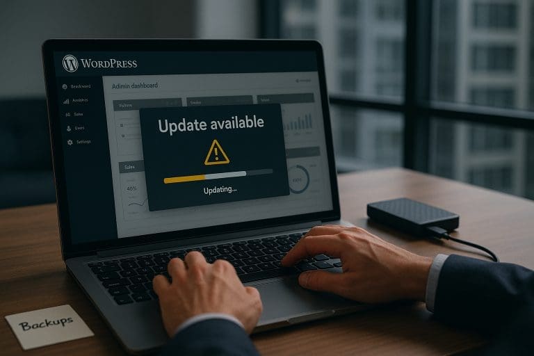 Photo-realistic image of a laptop on a wooden desk showing a website admin dashboard with an “Update available” notification and a progress bar, with a warning icon subtly visible. Next to the laptop is an external hard drive and a handwritten note that says “Backups” to imply safety and preparation. A professional-looking person’s hands are visible on the keyboard, mid-upgrade. Modern office background, soft depth of field, natural daylight, slightly dramatic lighting to suggest the importance of the task.